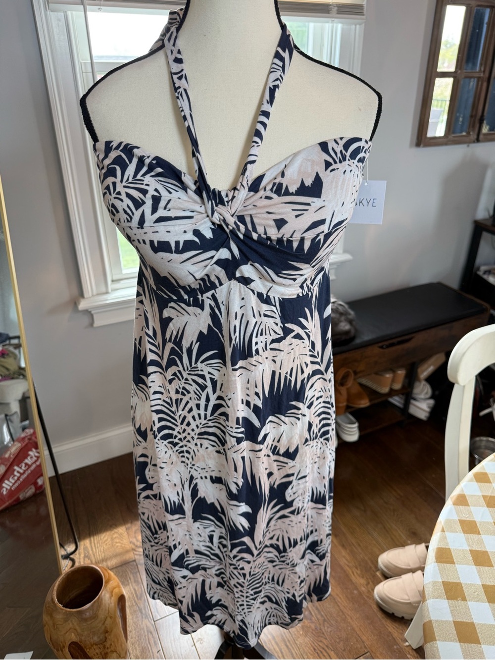 SKYE Navy and Cream Strapless Tropical Halter Dress w Built in Bra Cups XL BNWT